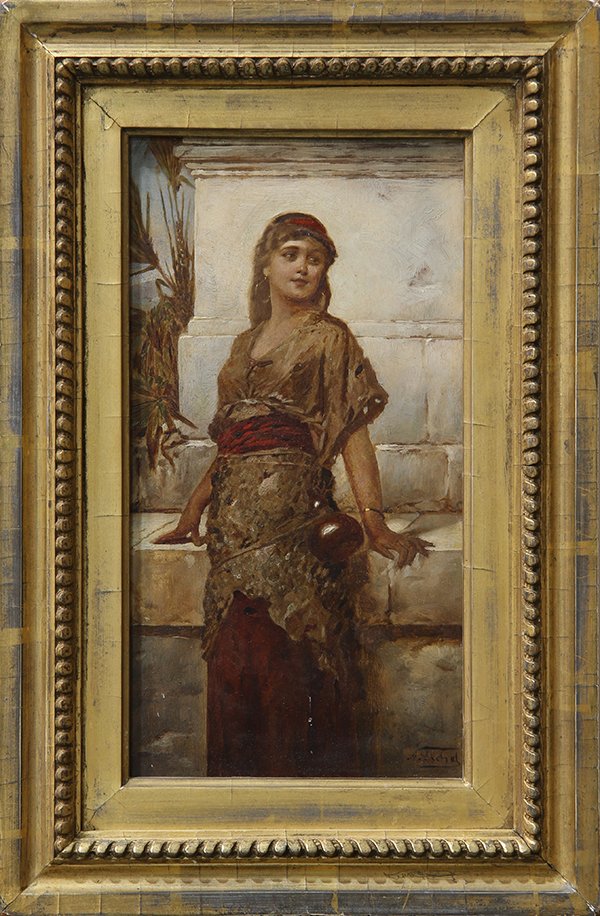 Painting, Lady at a Monument: Continental School (19th century), Lady at a Monument, oil on board, signed indistinctly lower right "N. Gichel", overall (with frame): 14.5"h x 9.5"w