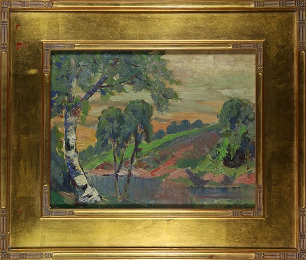 Sunset on a River, painting: Sunset on a River, oil on masonite, unsigned, 20th century, overall (with frame): 22"h x 26"w