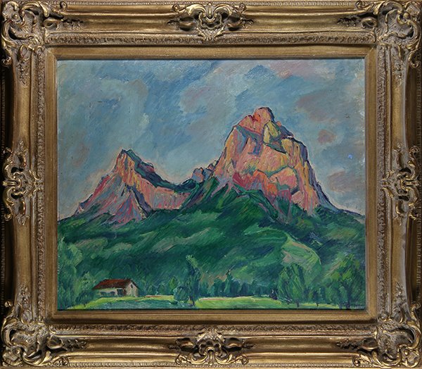 Sunset on a Mountain Cabin, painting: Sunset on a Mountain Cabin, oil on board, unsigned, 20th century, overall (with frame): 27.5"h x 30.5"w