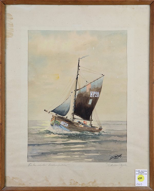 Sail Boat HF28, watercolor: Continental School (20th century), Sail Boat HF28, watercolor on paper, signed indistinctly "G. Feur"(?) lower right, overall (with frame): 20.5"h x 16.5"w