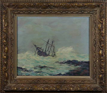 Painting, Thomas Ball: Thomas Ball (American, 1863 - 1934), "Marine Scene," oil on board, signed lower right, artist label affixed verso, overall (with frame): 15.25"h x 17.25"w. Reference: Benezit vol. 1, p. 366
