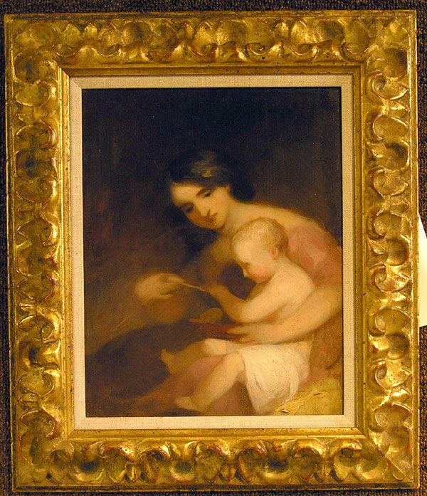 Oil, attr. Thomas Sully, portrait: Framed (double-sided) oil on board, Mother and Child (study), attributed to Thomas Sully (American 1783-1872), unsigned, Maxwell Galleries label affixed to reverse, sight: 12.5''H x 10''W