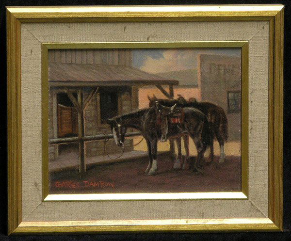Oil, Charles Damrow, Western, American: Framed oil on canvas, Two Horses, by Charles Damrow (American 1916-1989), signed lower left, sight: 6''H x 8''W, overall: 9''H x 10.75''W