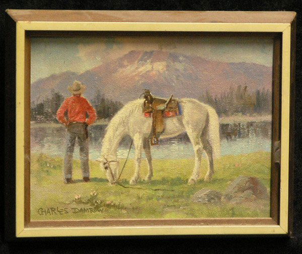 Oil, Cowboy, Charles Damrow, Western: Framed oil on canvas, Cowboy with Horse, by Charles Damrow (American 1916-1989), signed lower left, sight: 6''H x 8''W overall: 7.5''H x 9.25''W
