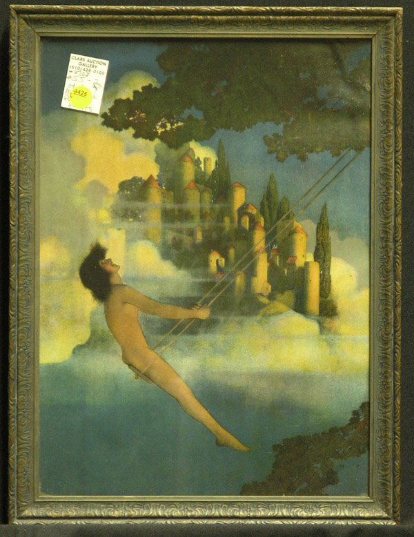 Maxfield Parrish, Prometheus, Dinkey: (lot of 2) Framed Maxfield Parrish prints: ''Dinkey Bird'' (1905), sheet: approx. 15''H x 11''W, overall: 17''H x 13''W; Edison-Mazda cropped calendar top ''Prometheus'' (1920), 1919 Edison Lamp Works