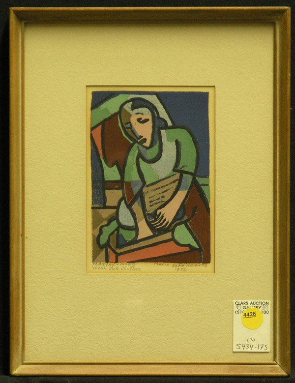 Serigraphs, Mario de Ferrante, cubist: (lot of 3) Framed serigraphs by Mario de Ferrante (Californian 1898-1992): ''Marionettes'', ed. 30, dated 1950, image: 11''h x 15''w, other two titled, ''Monday Wash our Clothes'' and ''Friday Scrub o