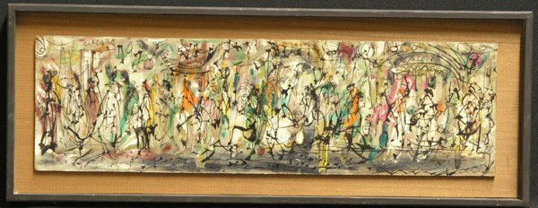 Acrylic, Pascal Cucaro, Californian: Framed acrylic and pen on Masonite, Gala, by Pascal Cucaro (Californian 1915-2004), signed upper left, overall: 10''H x 26.75''W