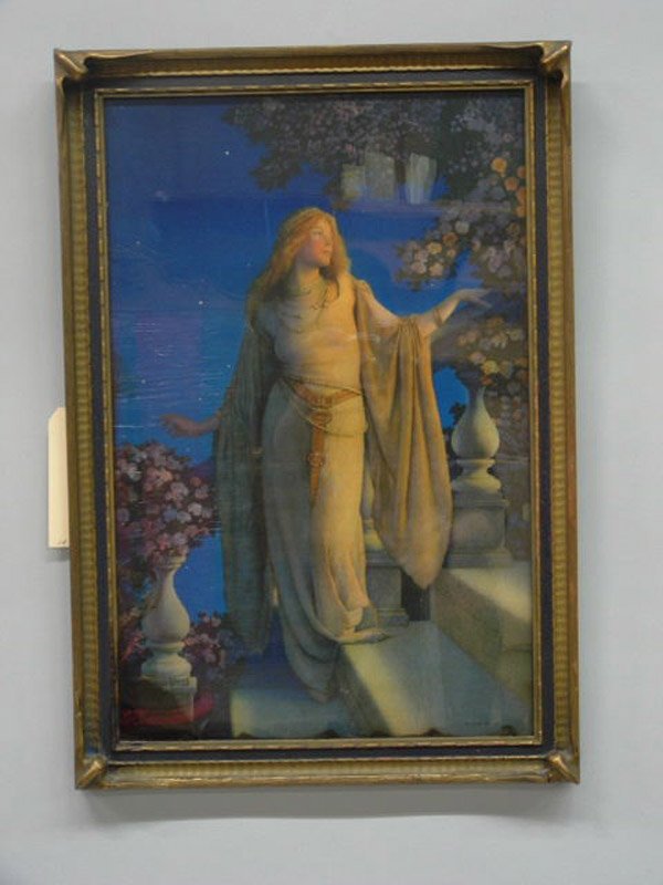 2359: Maxfield Parrish, Enchantment, large cropped: Framed vintage Maxfield Parrish print, Enchantment (1926), Art Nouveau frame. Condition: Some water damage lower left. 22.5"H x 14.5"L