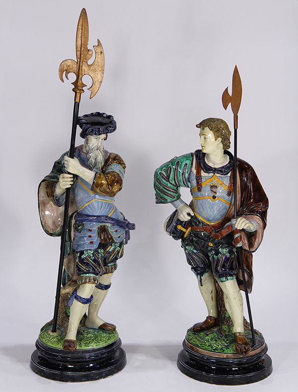 Large pair of Continental majolica figural groups, each (1 of 8)