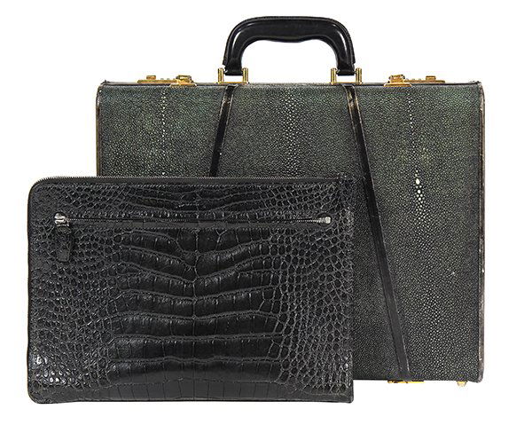 (lot of 2) Brioni alligator portfolio with attache, the: (lot of 2) Brioni alligator portfolio with attache, the portfolio having signature Brioni monogram to interior, together with a sting ray attache case having gilt hardware, unmarked. Provenance: Prope