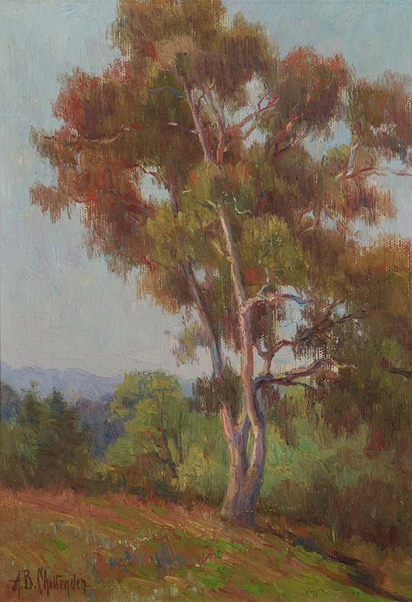 Alice Brown Chittenden painting: Alice Brown Chittenden (American, 1859-1944), Lone Eucalyptus, oil on canvas board, signed lower left, board: 14"h x 10"w, overall (with frame): 18.5"h x 14.25"w
