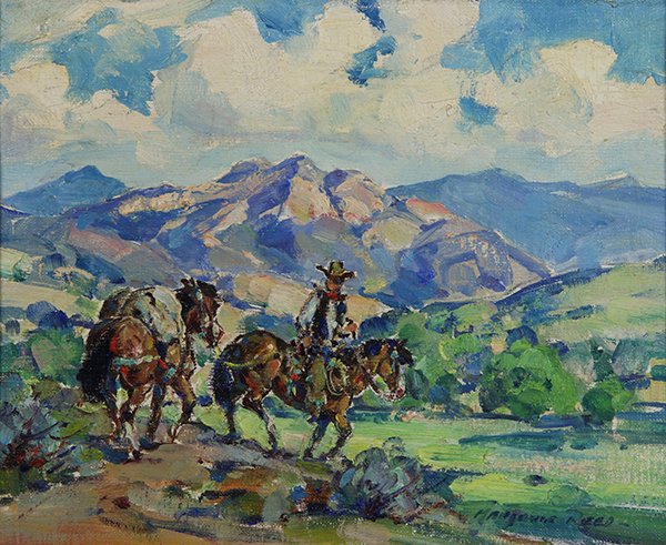 Marjorie Jane Reed painting.: Marjorie Jane Reed (American, 1915-1996), "Bringing in the Beans," oil on canvas board, signed lower right, artist label and title verso, board: 8"h x 10"w, overall (with frame): 12.5"h x 14.5"w