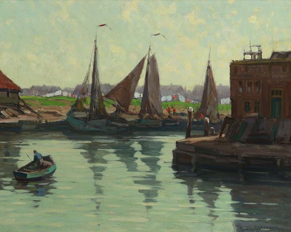 Jane Peterson painting: Jane Peterson (American, 1876-1965), Fishing Village, oil on canvas, signed lower right, canvas: 16"h x 20"w, overall (with frame): 22"h x 26"w