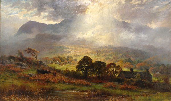 Charles Stuart painting: Charles Stuart (British, 1854-1904)), "October Mists on the Slopes of Cader Idris", 1887, oil on canvas, signed and dated lower right, sight: 29"h x 49"w, overall (with frame): 45"h x 64.5"w