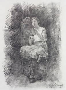 Drawing, Alexej Alexejewitsch Harlamoff: Alexej Alexejewitsch Harlamoff (Russian/French, 1842-1925), Young Seated Lady, charcoal on paper, signed lower right, sight: 19.25"h x 14"w, overall (with frame): 28"h x 22.5"w