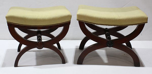 Pair of mahogany upholstered campaign style stools, (1 of 4)