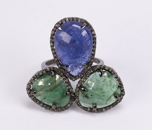 Emerald, tanzanite, diamond and sterling silver ring (1 of 3)