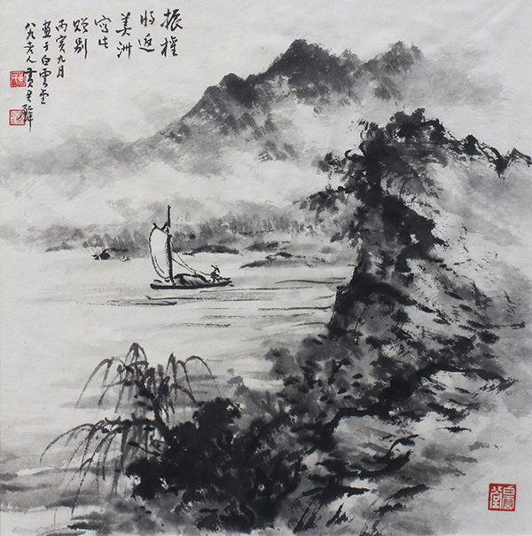 Chinese Painting, Huang Junbi, Sail: Huang Junbi (Chinese, 1898-1991), Sailing Boat, ink on paper, the upper left with dedication, dated with cyclical year bingyin (=1986), signed 'Huang Junbi' at age 89 at Baiyuntang, with three seals,
