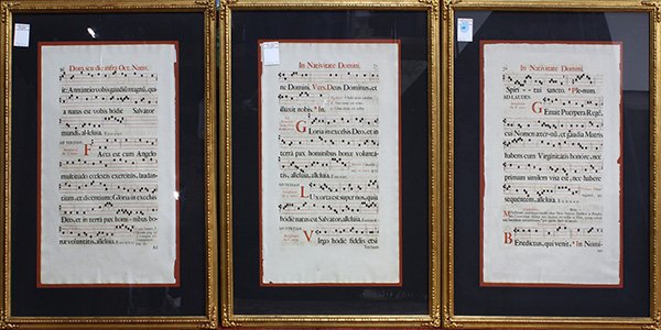 (Lot of 3) Framed antiphonal pages in Latin with: (Lot of 3) Framed antiphonal pages in Latin with illuminated Capital, sheet: 18.5''h x 11.5''w
