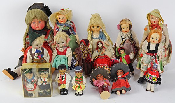 (lot of 17) International doll group including cloth, (1 of 2)