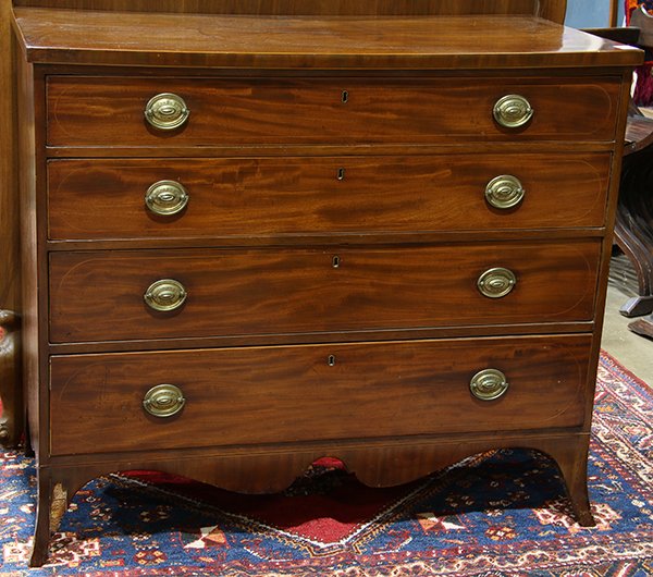 American Federal chest of drawers: American Federal chest of drawers, having a rectangular top surmounting the four drawer case, and rising on outswept legs, 39"h x 45"w x 22"d