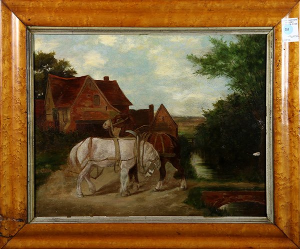 Painting, Horses at Rest by a Stream: Continental School (19th century), Horses at Rest by a Stream, oil on canvas (relined), unsigned, sight: 13.25"h x 17.5"w, overall (with frame): 18.5"h x 22.5"w