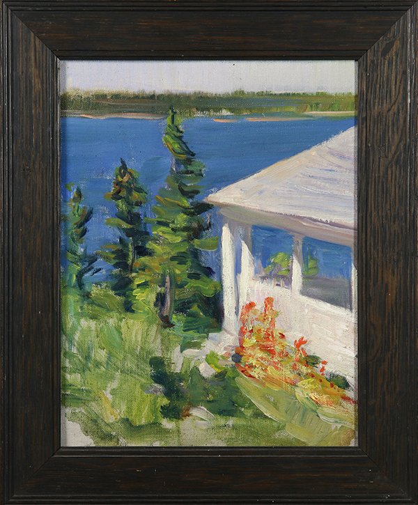 House by a Lake, painting: Untitled (House by a Lake), oil on canvas board, signed "Sally Cross" verso, title label affixed verso, 20th century, overall (with frame): 13"h x 10.75"w
