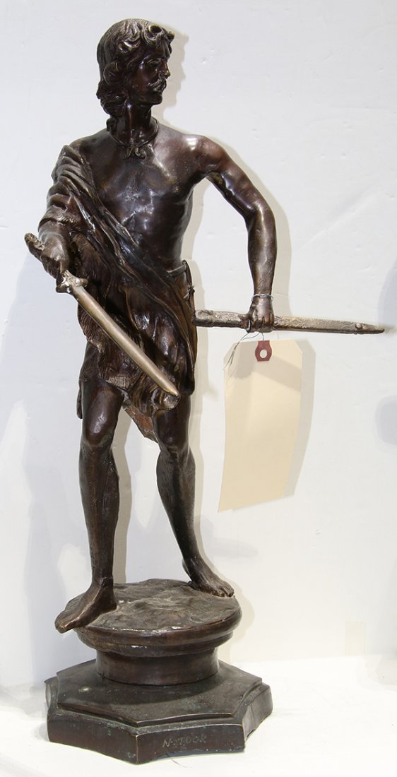 Nishan Toor, sculpture: Nishan Toor (American/Armenian, 1888-1966), Untitled (Figure with Sword and Sheath), bronze sculpture, signed lower center base, overall (with frame): 21"h x 10.5"h x 11"d