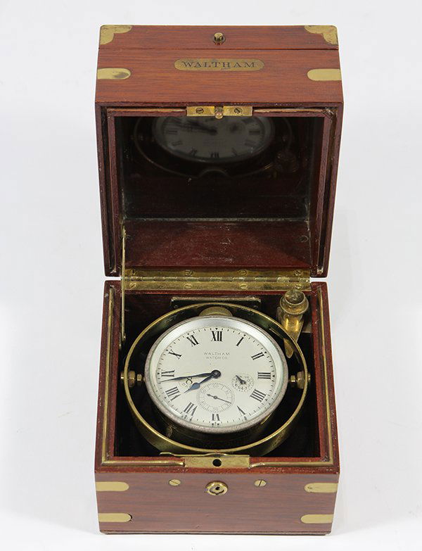 Waltham brass eight day ship's chronometer, in fitted (1 of 8)