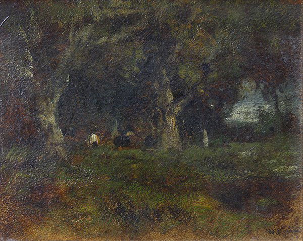 Painting, William Keith: William Keith (American, 1838-1911), Oak Grove, oil on board, signed lower right, board: 8"h x 9.75"w, overall (with frame): 11.75"h x 13.5"w