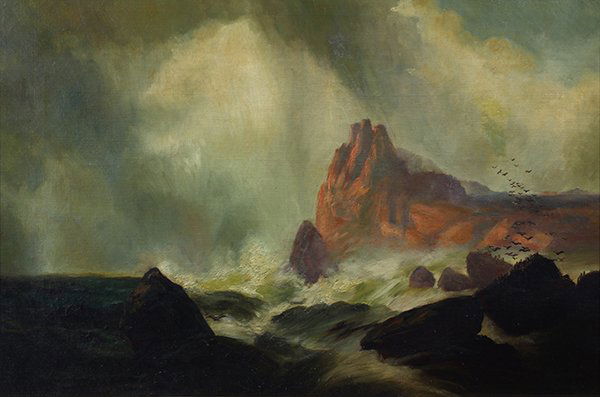 Painting, William Hart: William Hart (American/British, 1823-1894), Crashing Waves and Stormy Skies, 1881, oil on canvas, signed and dated lower right, canvas: 61"h x 24"w, overall (with frame): 20.75"h x 28.5"w
