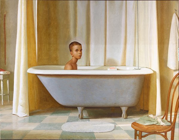 Painting, Bo Bartlett: Bo Bartlett (American, b. 1955), "Thinking, Wonder, Tub, Baptism, Heir," oil on canvas, titled and inscribed along right edge, canvas (unframed): 64"h x 81.5"w. Provenance: Property from the Estate of