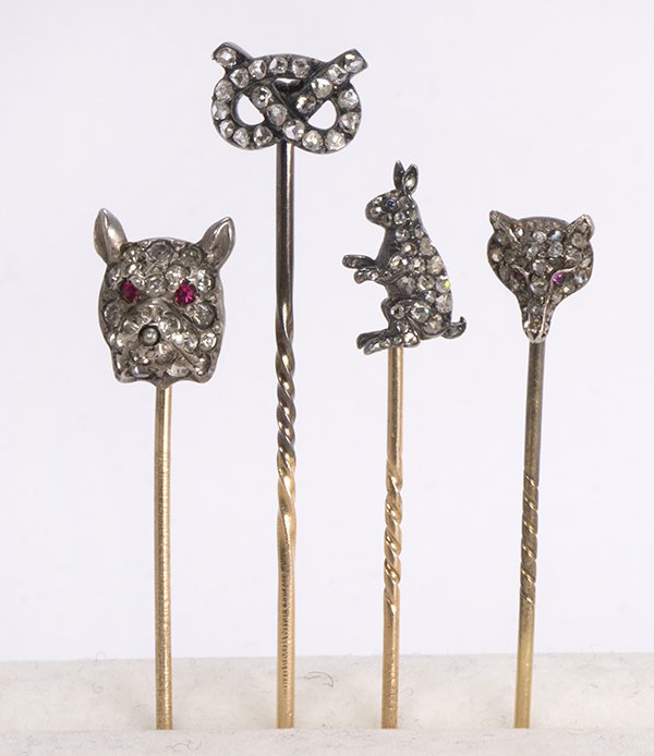 (Lot of 4) Diamond, paste, gold and silver stick pins (1 of 2)