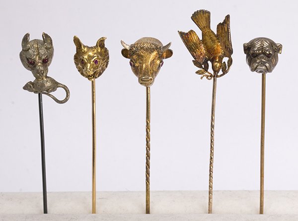 (Lot of 5) Gold, silver and sterling silver stick pins (1 of 3)