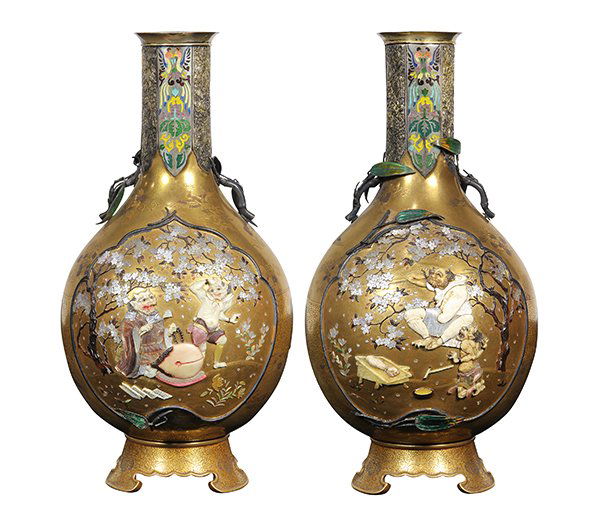 Japanese Pair of Shibayama, Silver, Mother-of-Pearl: Japanese pair of Shibayama vases, Meiji period, each having a stick neck above a pear shaped body, the silver rim and the neck with alternating chrysanthemum and phoenix panels; the gold lacquer, moth
