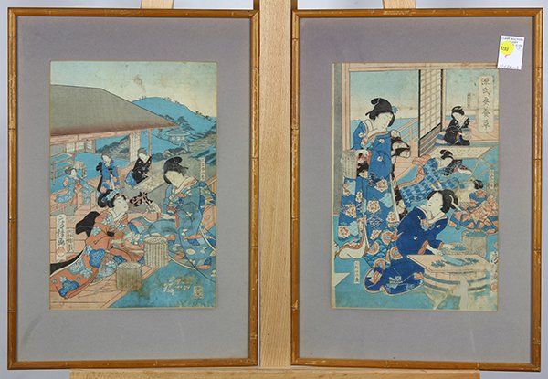 Japanese Woodblock Prints, Utagawa Fusatane , 19c: (lot of 2) Utagawa Fusatane (Japanese, active 1850s-1880s), woodblock prints, 1866, 'Genji Kaiko Yashinaigusa', two of the triptych, each with the signature, seal and titles, sight: 13.25"h x 9"w, fra