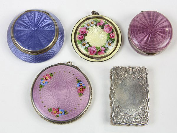 (lot of 5) Continental guilloche enameled compacts and (1 of 6)