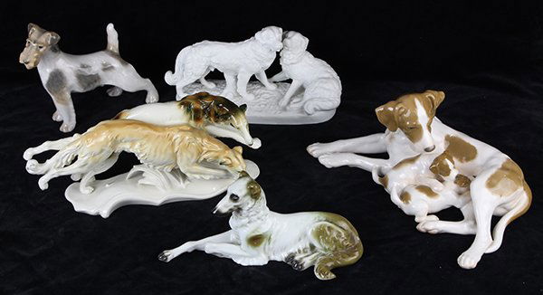 (Lot of 5) Porcelain figural group, each as dogs, (1 of 6)