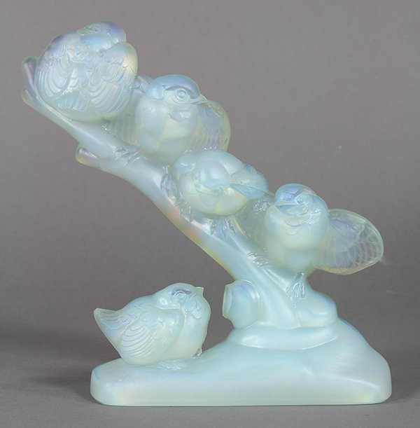Sabino French opaline glass figure, circa 1950,: Sabino French opaline glass figure, circa 1950, depicting "Finches on a Branch" rising on a naturalistic base, 8"h x 8.5"w x 3"d