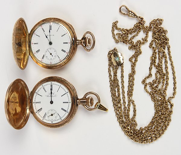 (lot of 3) Gold filled pendant watches and slide chain: (lot of 3) Gold filled pendant watches and slide chain including one Elgin, 15 jewels, 13584970, 35 mm gold-filled engraved pendant watch; one A.W.C. Waltham, 6104817, 34.8 mm gold-filled pendant watc
