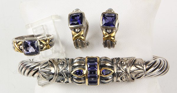 Iolite, sterling silver and 14k yellow gold jewelry: Iolite, sterling silver and 14k yellow gold jewelry suite comprised of a sterling silver ring, centering one cushion shape iolite weighing approximately 1.00 ct., accented by 14k yellow gold X motifs,