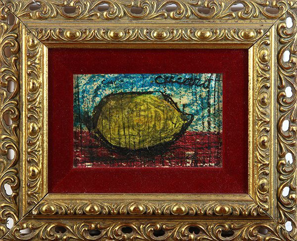 Painting, Pascal Cucaro: Pascal Cucaro (American, 1915-2004), Lemon, oil on board, signed upper right, overall (with frame): 9"h x 10.75"w