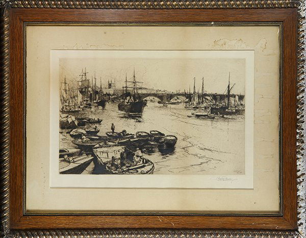 Print, Stephen Parrish, London Bridge: Stephen Parrish (American, 1846-1938), "London Bridge," 1884, etching, pencil signed lower right, titled and dated in plate lower right, signed in plate lower center, overall (with frame): 24"h x 30"w