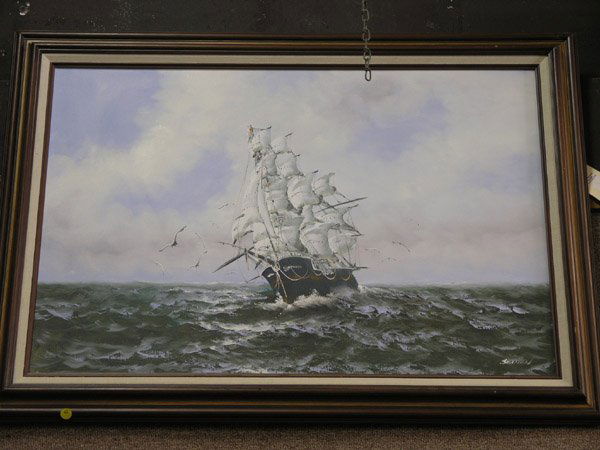 422: Seaman, oil, Ships, mid-late 20th, canvas: Framed oil on canvas, Clipper Ship at Sea, signed Seaman lower right