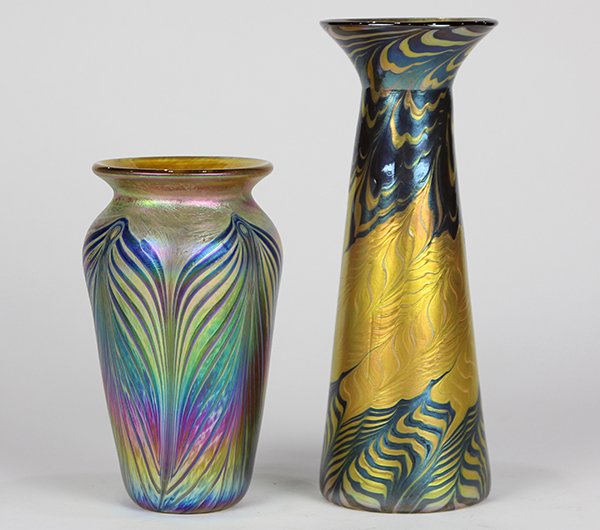 (lot of 2) Iridescent art glass vases, including a (1 of 7)