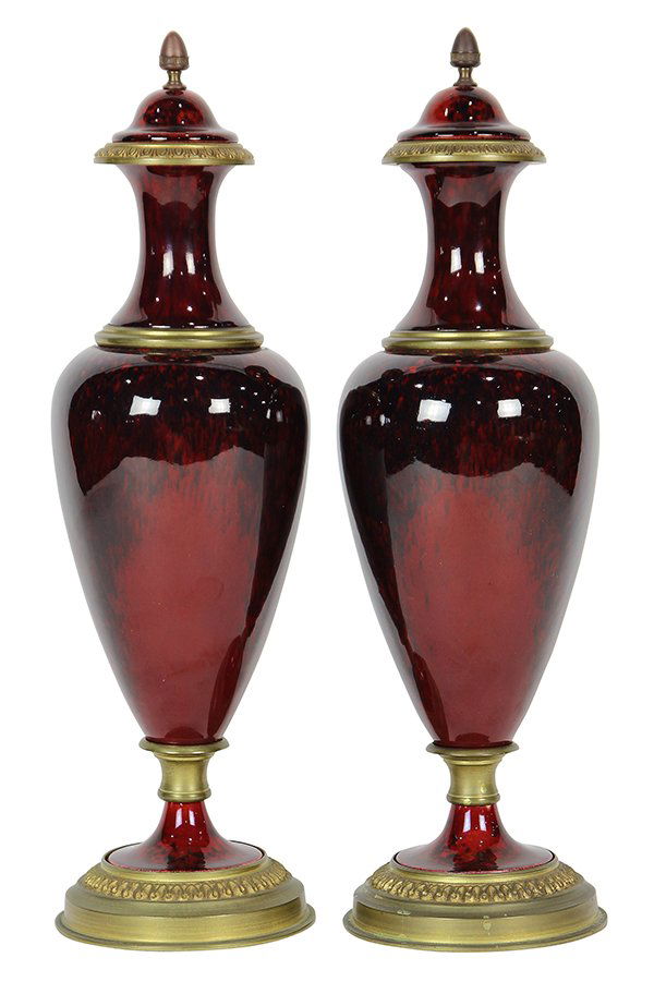 Pair of French Louis XV style enamel decorated urns, (1 of 4)