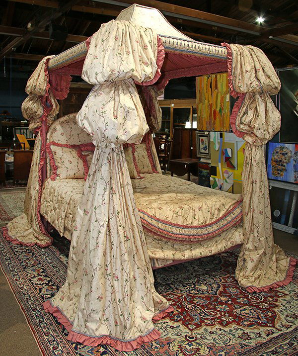 Custom upholstered and paint decorated canopy bed, (1 of 2)