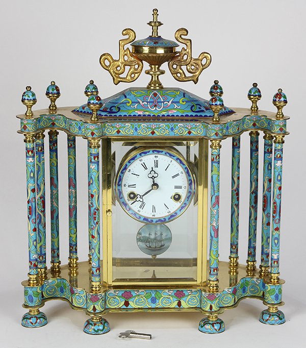 Continental style champleve decorated mantle clock, (1 of 3)
