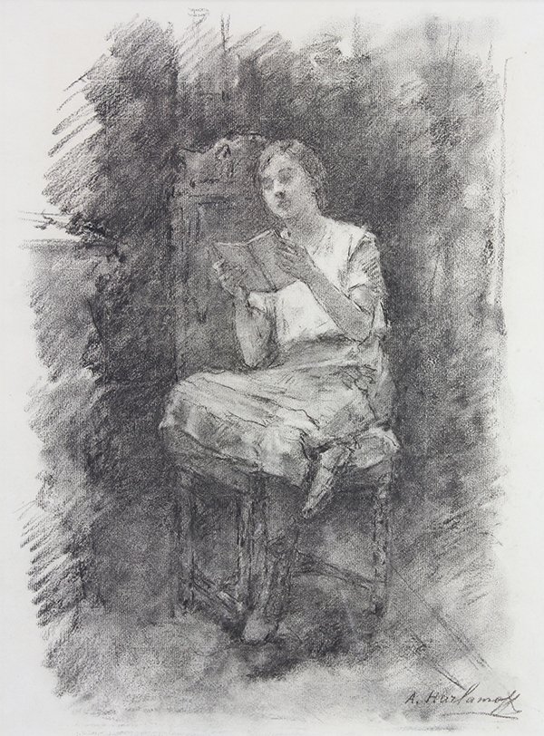 Drawing, Alexej Alexejewitsch Harlamoff: Alexej Alexejewitsch Harlamoff (Russian/French, 1842-1925), Young Seated Lady, charcoal on paper, signed lower right, sight: 19.25"h x 14"w, overall (with frame): 28"h x 22.5"w