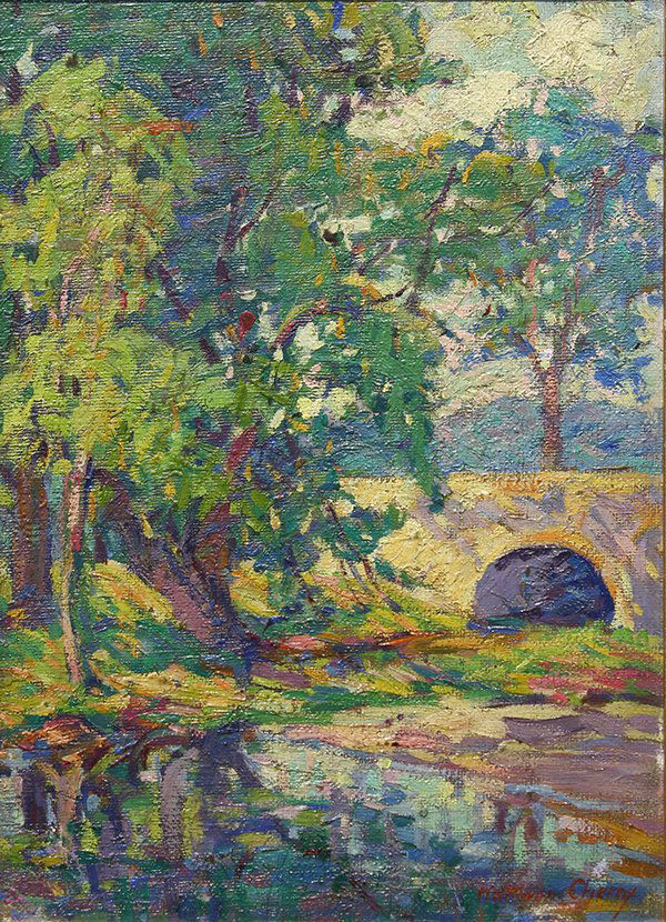 Painting, Kathryn E. Bard Cherry: Kathryn E. Bard Cherry (American, 1880-1931), Landscape with Bridge, oil on canvas (laid sown on board), signed lower right, board: 14"h x 10"w, overall (with frame): 1.5"h x 15.5"w